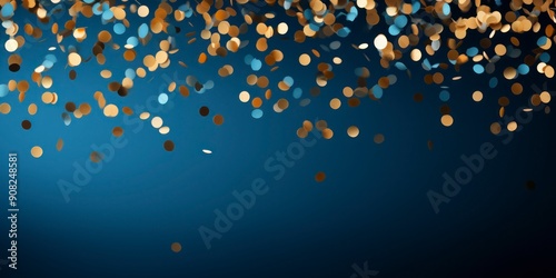 Gold confetti bokeh on blue background.