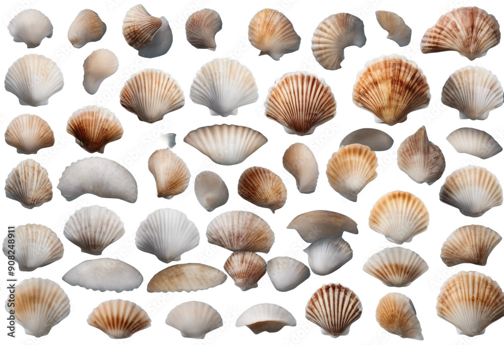 Collection of beautiful ocean scallop shells set isolated on transparent background Collection of beautiful ocean scallop shells set isolated on transparent background