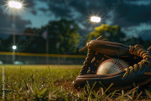A baseball mitt sits atop a vibrant green grassy area, perfect for use in sports photography or as a prop in creative projects