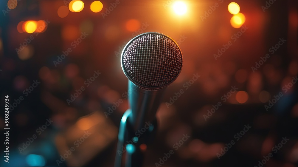 Spotlight on Microphone in Expectant Auditorium Spotlight on Microphone in Expectant Auditorium