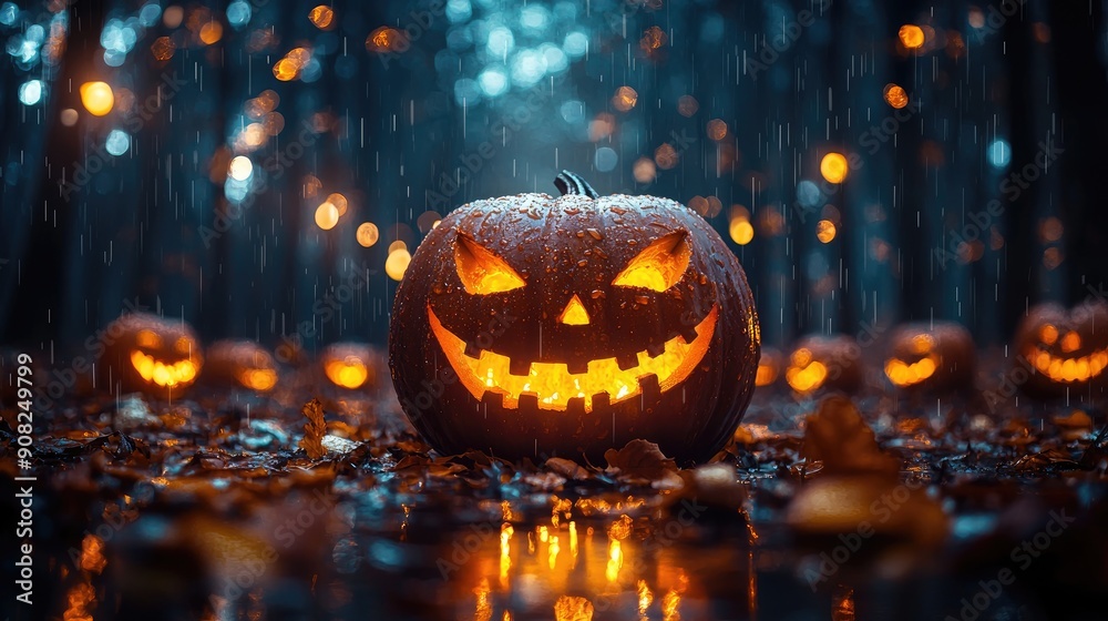 Halloween pumpkins in the forest at night.Halloween background with Evil Pumpkin. Spooky scary dark Night forest. Holiday event Halloween banner background concept Halloween pumpkins in the forest at night.Halloween background with Evil Pumpkin. Spooky scary dark Night forest. Holiday event Halloween banner background concept