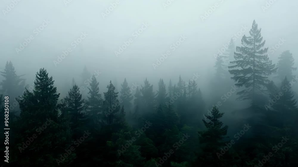 A thick fog rolling in gradually concealing all visibility in the dense forest. A thick fog rolling in gradually concealing all visibility in the dense forest.