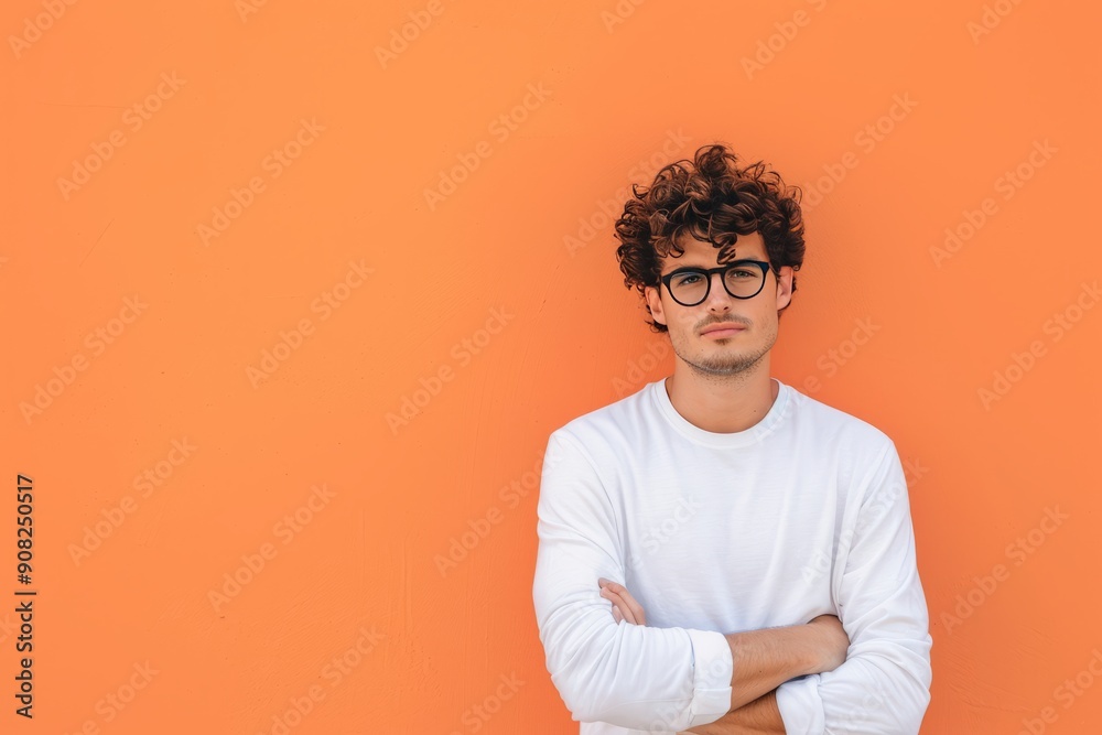 Stylish Young Man in a White T-Shirt with Curly Hair Against an Orange Wall 7 Stylish Young Man in a White T-Shirt with Curly Hair Against an Orange Wall 7