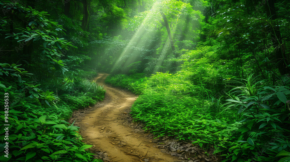 Obraz premium Lush Green Forest Path: A winding path through a dense, vibrant green forest, with rays of sunlight filtering through the canopy. The scene evokes a sense of adventure and tranquil