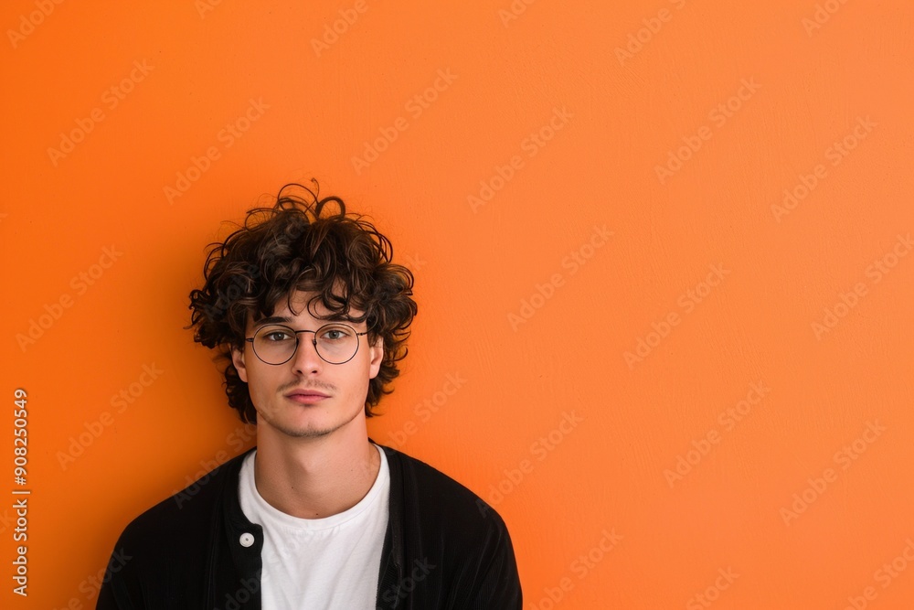 Stylish Young Man in a White T-Shirt with Curly Hair Against an Orange Wall 1 Stylish Young Man in a White T-Shirt with Curly Hair Against an Orange Wall 1