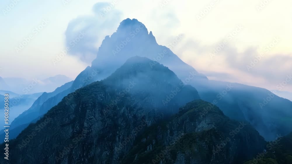 The enchanting sight of mist enveloping the mountain peak creating a magical atmosphere. The enchanting sight of mist enveloping the mountain peak creating a magical atmosphere.
