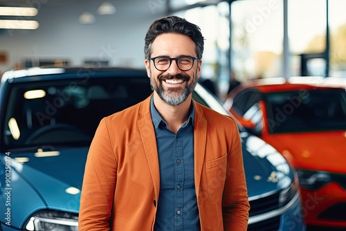 A cheerful man in glasses has a snow-white smile near cars