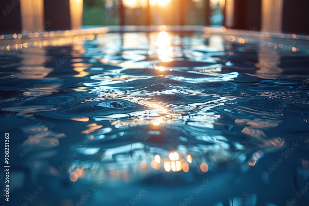 A close up of the surface of an indoor swimming pool, bathed in warm sunlight that reflects off its blue water. A close up of the surface of an indoor swimming pool, bathed in warm sunlight that reflects off its blue water.