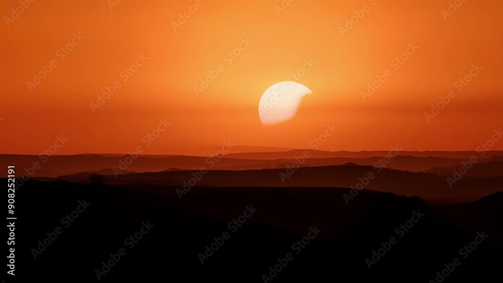 The eclipse shadow casting a deep orange hue over the sky creating an otherworldly atmosphere. The eclipse shadow casting a deep orange hue over the sky creating an otherworldly atmosphere.