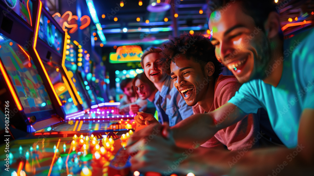 custom made wallpaper toronto digitalA group of friends enjoying arcade games in retro-themed arcade, smiling and having fun, with neon lights and arcade machines in the background. casino arcade game concept