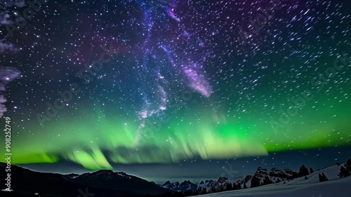 The aurora borealis swirls and dances in a beautiful interplay of green purple and pink hues above the horizon. photo