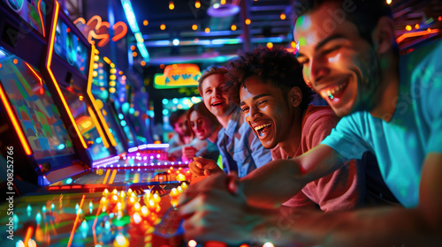 A group of friends enjoying arcade games in retro-themed arcade, smiling and having fun, with neon lights and arcade machines in the background. casino arcade game concept