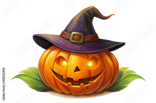 Cute Halloween pumpkin with witch hat clipart isolated