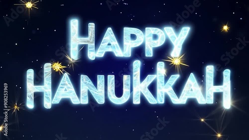 Wallpaper Mural Blue glowing happy hanukkah text shines against a dark starry background, with golden stars twinkling around it in celebration. Perfect for festive holiday greetings Torontodigital.ca