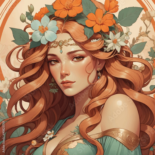 Woman with Flowing Hair and Floral Accents, Flower Crown and Soft Lines in Art Nouveau Style, generative ai photo