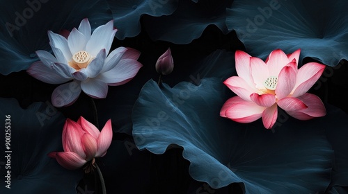 Beautiful lotus blooms with dynamic hues on dramatic black background