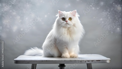 White as Snow: A Persian Cat on a Snowy White Grooming Table  generative AI photo