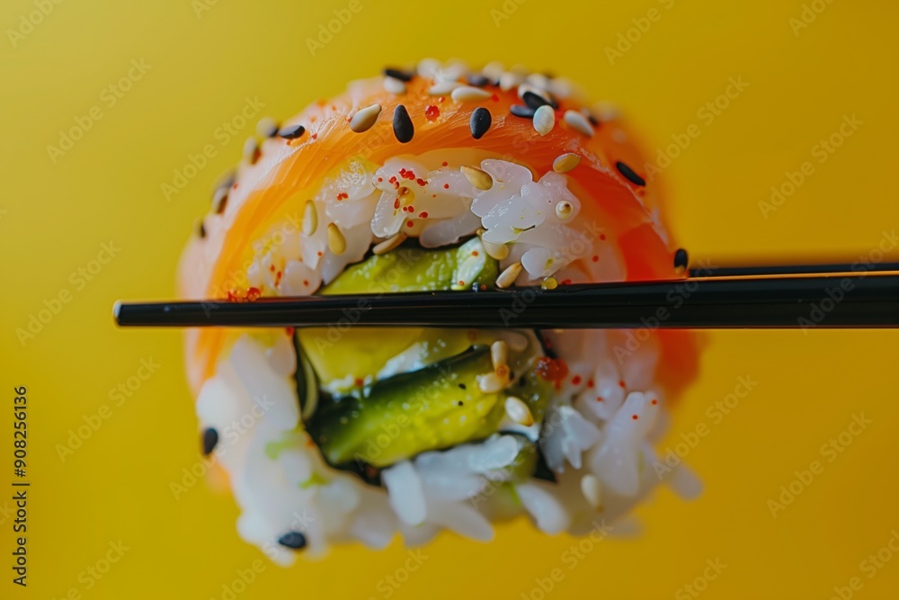 Sushi Roll and chopsticks. Chopsticks holding Sushi roll with sesamese and salmon. Sushi Roll and chopsticks. Chopsticks holding Sushi roll with sesamese and salmon.