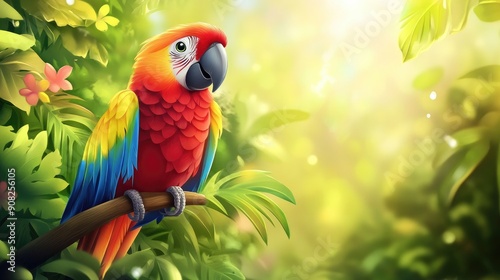 Cheerful cartoon parrot with rainbow feathers, enjoying a sunny day in a tropical paradise