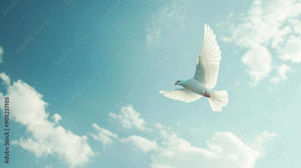 Fototapeta premium White Dove Soaring Through Blue Sky
