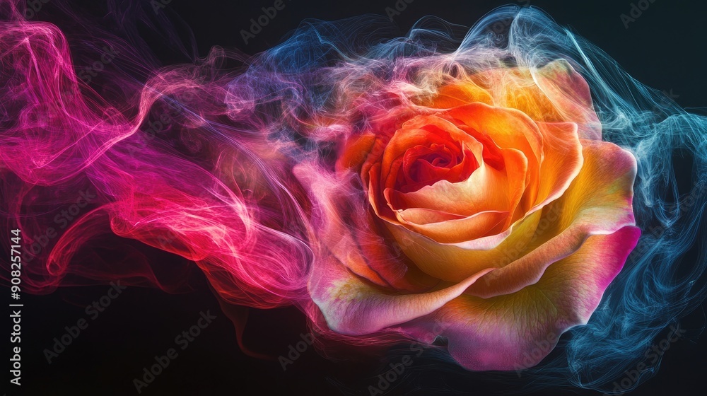 Dynamic beauty of colorful rose flowers with swirling colors on dramatic black backdrop Dynamic beauty of colorful rose flowers with swirling colors on dramatic black backdrop