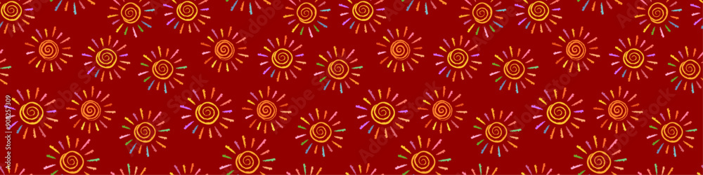 Seamless background with bright stylized suns. The sun stylized as a child's drawing. Doodles in childish girly style. Bright sun with rays. Endless background Seamless background with bright stylized suns. The sun stylized as a child's drawing. Doodles in childish girly style. Bright sun with rays. Endless background