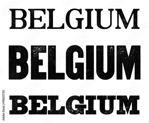 Belgium country name written in distressed vintage serif, sans serif and slab serif styles isolated on transparent background