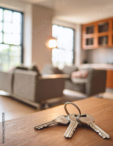 Modern living room with keys on table signifies home ownership