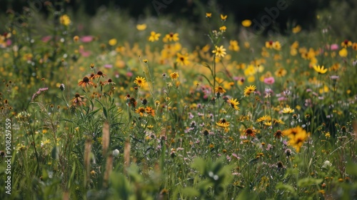 Fototapeta Naklejka Na Ścianę i Meble -  Beautiful and vibrant wildflowers blooming in a summer meadow on a sunny day