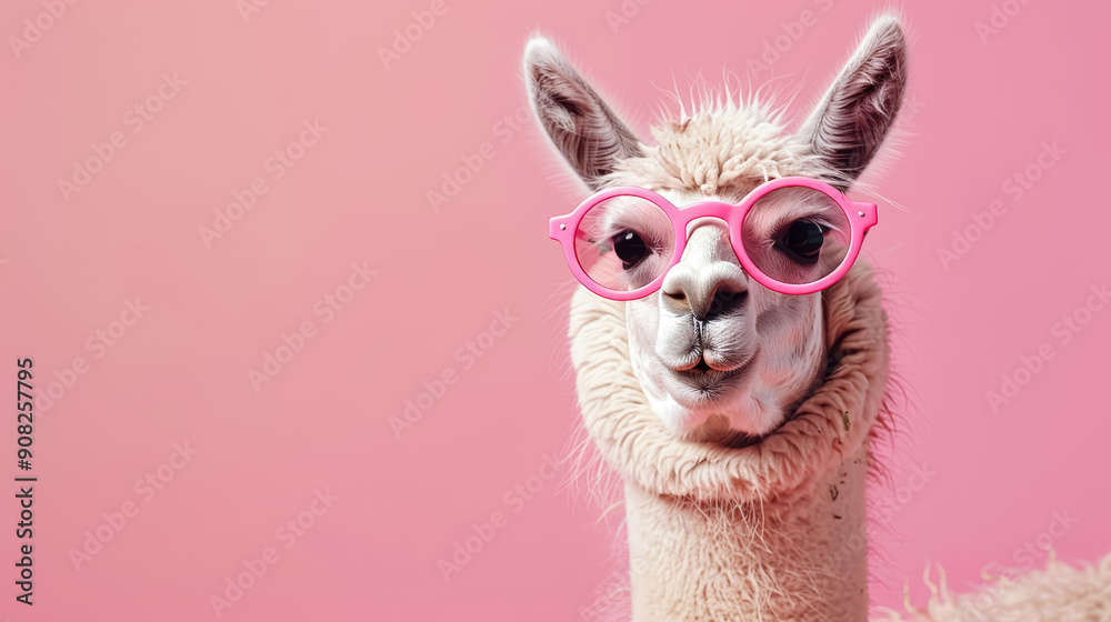 Fototapeta premium Cute lama alpaca in round pink sunglasses isolated on pink background with copy space