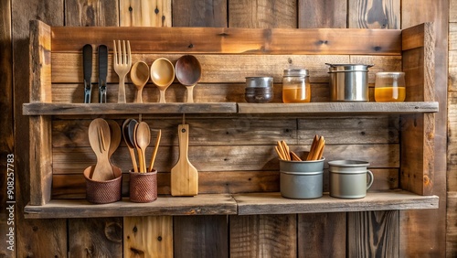 Rustic Charm: A Reclaimed Wood Shelf with Hand-Crafted Utensil Holders AI generated