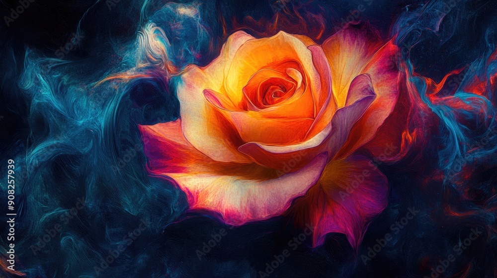 Dynamic rose blooms with vibrant hues on dramatic black background, exuding energy Dynamic rose blooms with vibrant hues on dramatic black background, exuding energy
