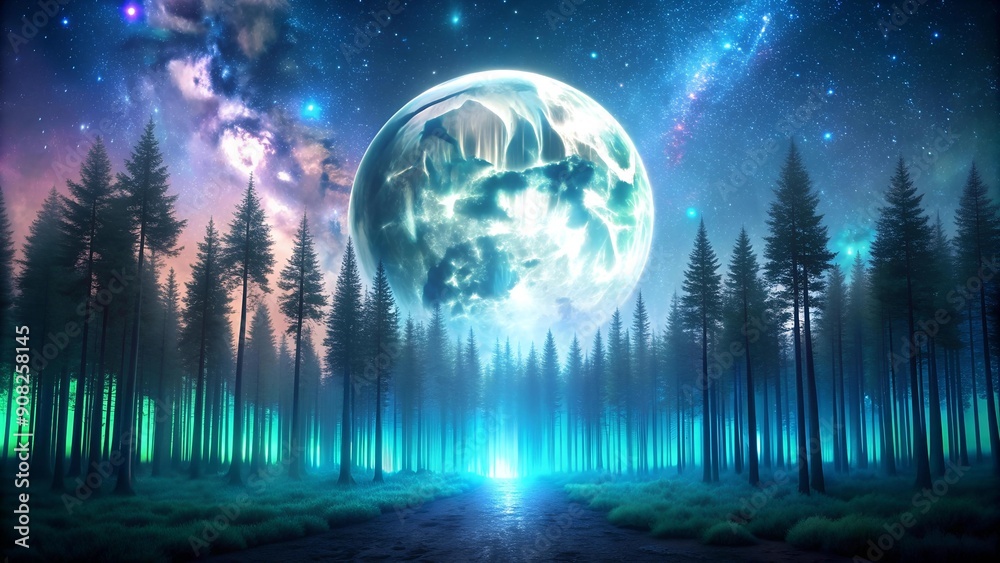 Naklejka premium The Lunar Forest: A Holographic Forest bathed in the Light of a Full Moon Generative AI