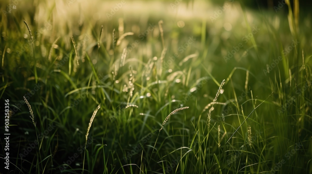 Obraz premium Vibrant green grass swaying in a vast field at sunset, bathed in golden light. Close-up view captures sunny day in countryside, blending green and yellow colors harmoniously