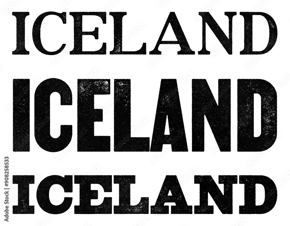 Fototapeta premium Iceland country name written in distressed vintage serif, sans serif and slab serif styles isolated on transparent background