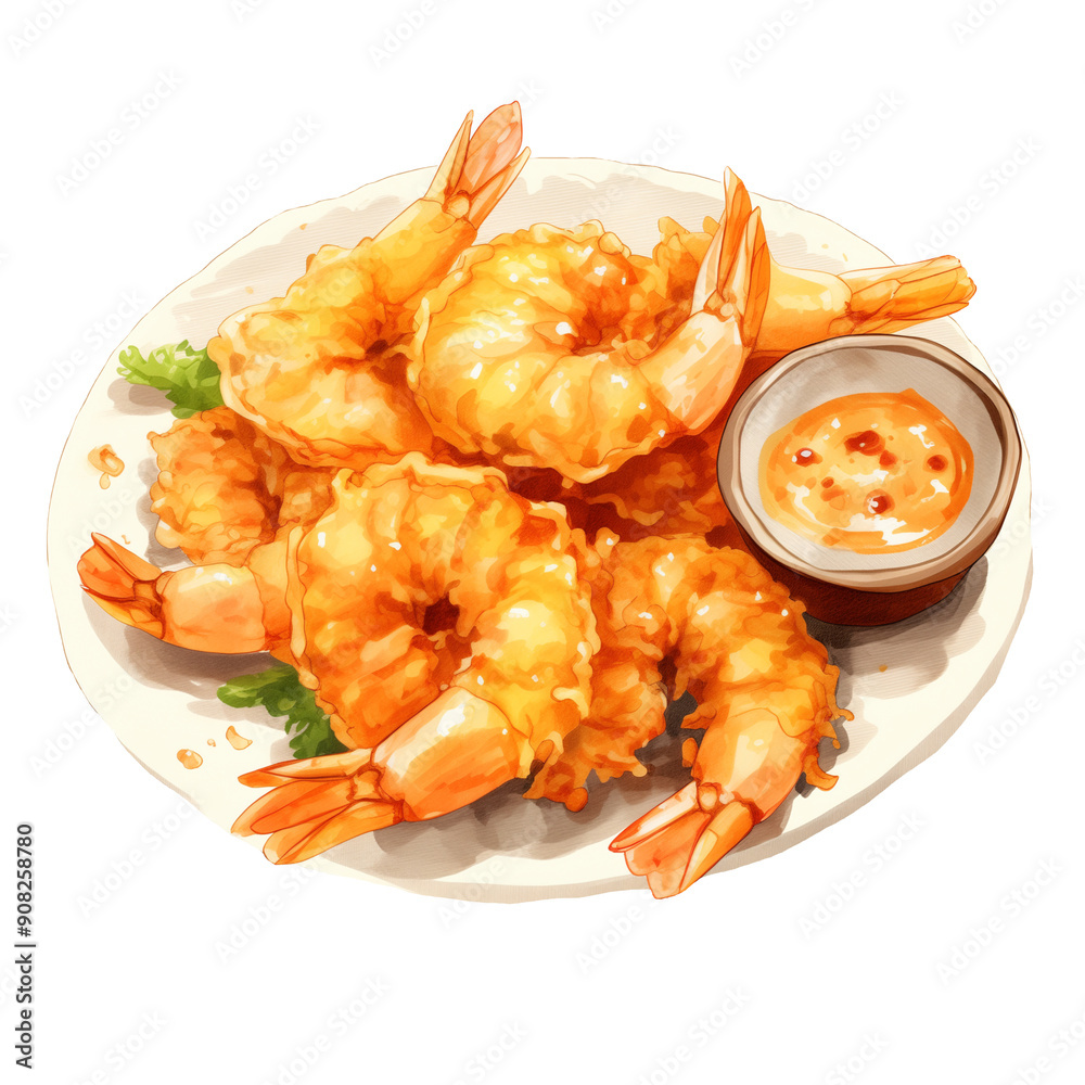 Watercolor Coconut Coated Deep Fried Shrimp on a Plate with Spicy Dipping Sauce Watercolor Coconut Coated Deep Fried Shrimp on a Plate with Spicy Dipping Sauce