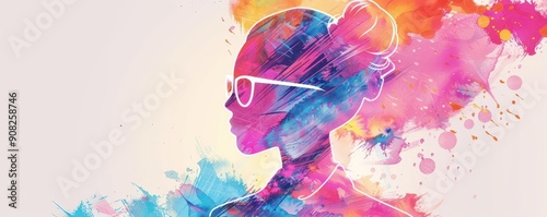 Colorful abstract silhouette of a woman with glasses, blending modern and artistic elements.