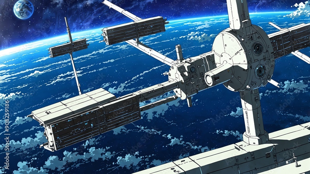 Obraz premium cosmic space station an enormous space station orbitin anime