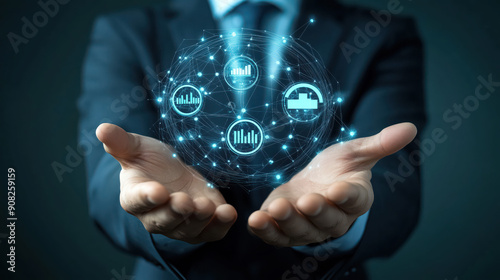 Businessmans hands holding digital cyber Ai globe of communication data graph anallysis information in digital connecting dot map photo