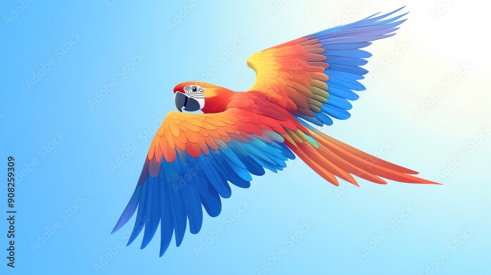 Fototapeta premium Happy cartoon parrot with multicolored feathers, flying through a clear blue sky