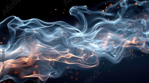 Crystal-clear image of smoke trails forming elegant, ethereal shapes on a dark background, with detailed focus on the flowing and translucent nature of the smoke