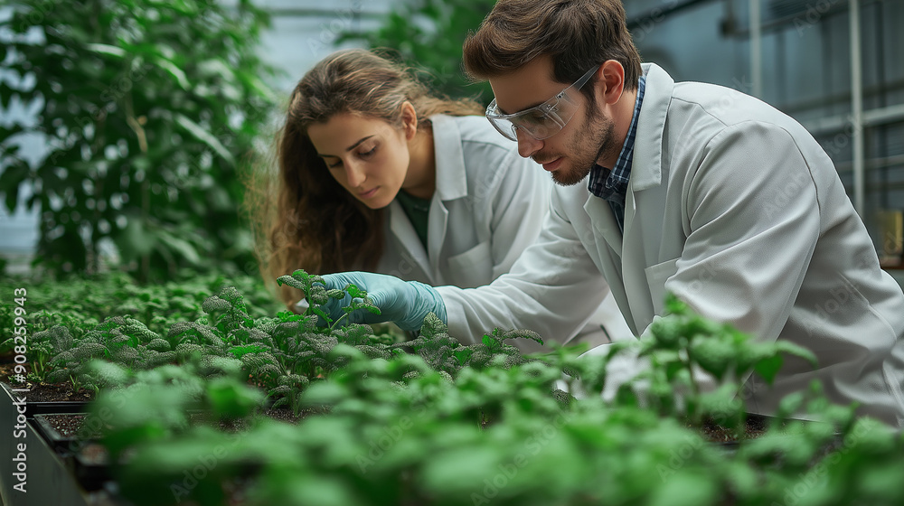 Botanist scientist man and woman in white lab coat working on experimental plant plots Botanist scientist man and woman in white lab coat working on experimental plant plots