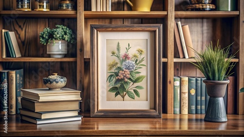 Vintage Charm: A Rustic Wooden Frame on a Cozy Bookcase in a Home Office  AI generated