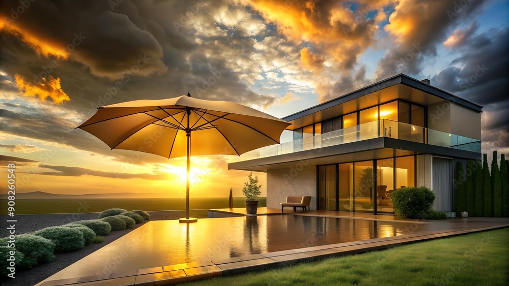 Shielded Sanctuary: A Modern House Bathed in Golden Sunlight Under a Protective Umbrella AI generated Shielded Sanctuary: A Modern House Bathed in Golden Sunlight Under a Protective Umbrella AI generated