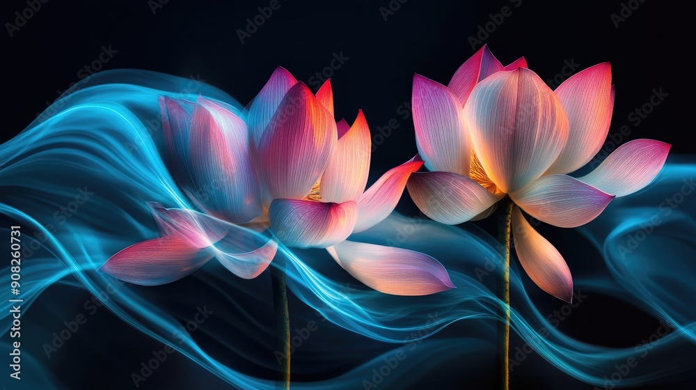 Stunning lotus flowers with swirling hues on a dramatic black backdrop Stunning lotus flowers with swirling hues on a dramatic black backdrop