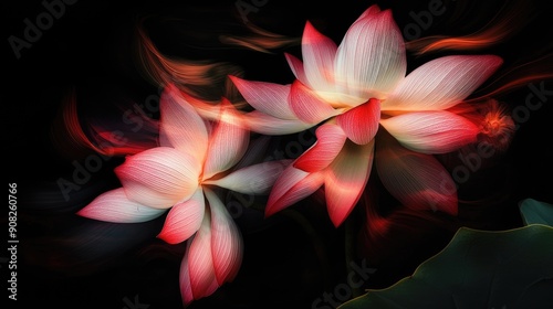 Stunning lotus flowers with swirling hues on a dramatic black backdrop