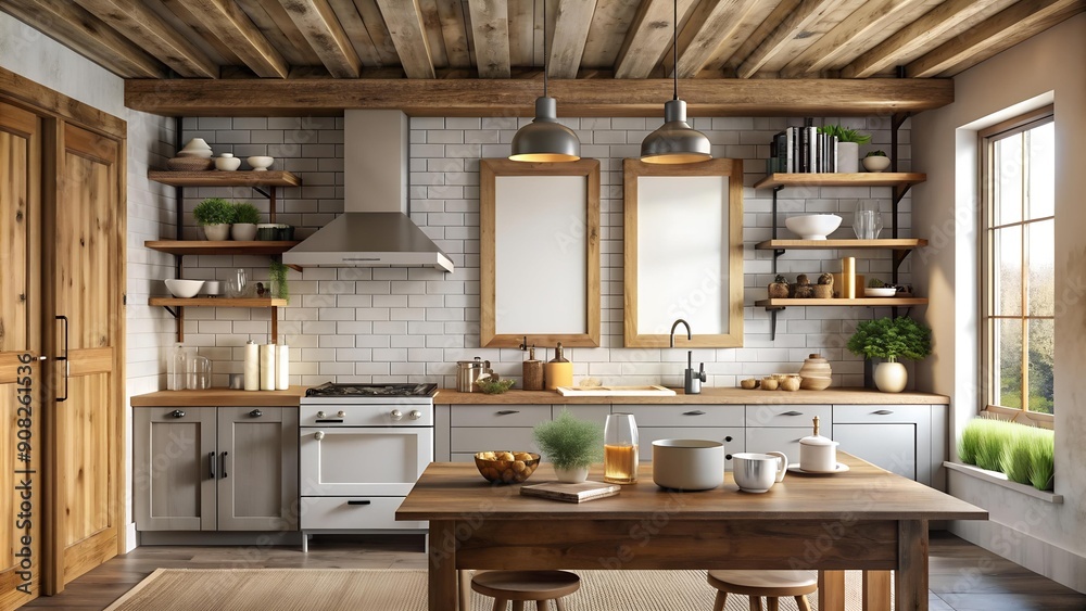 Farmhouse Kitchen with a Rustic Touch: A Mockup Poster Frame with a Reclaimed Wood Frame AI generated Farmhouse Kitchen with a Rustic Touch: A Mockup Poster Frame with a Reclaimed Wood Frame AI generated