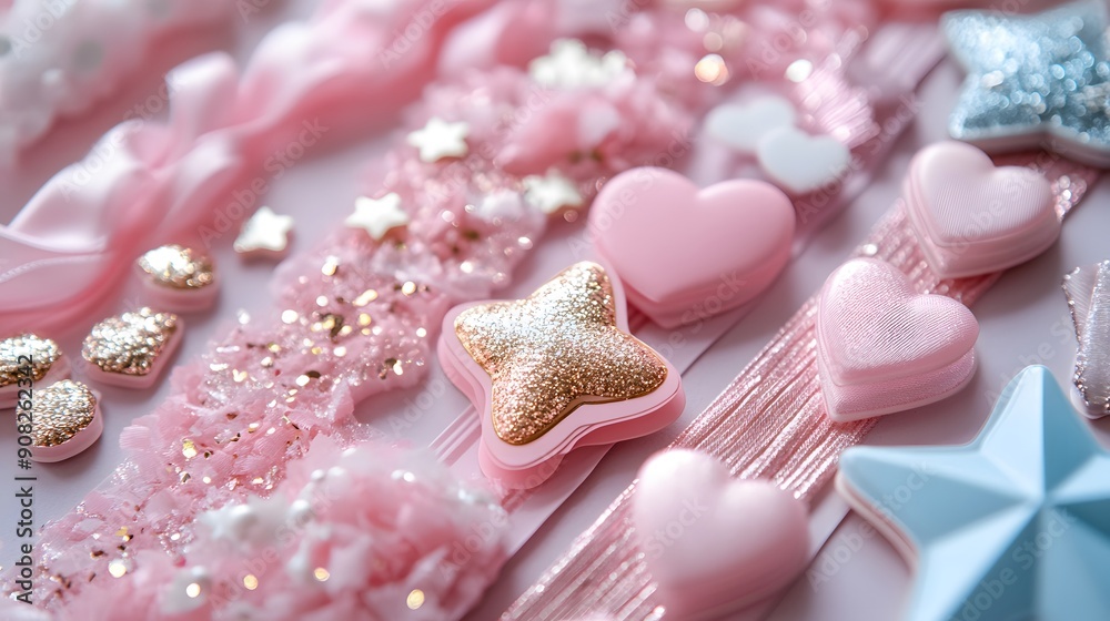 Sticker set featuring a playful mix of pink ribbons, stars, and hearts with metallic highlights. Perfect for planners and crafts. Sticker set featuring a playful mix of pink ribbons, stars, and hearts with metallic highlights. Perfect for planners and crafts.