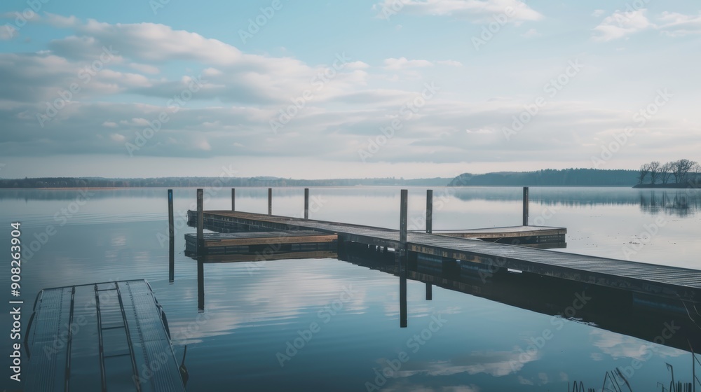 Serene wooden pier reflected on a calm lake, with a cloudy sky and lush forest backdrop, evoking peace and beauty for a relaxing nature getaway