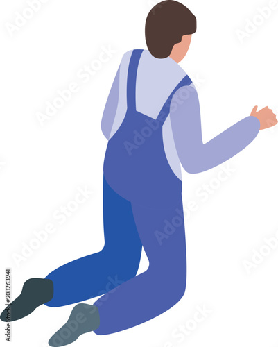 Construction worker kneeling down and pointing with his hand, isometric view